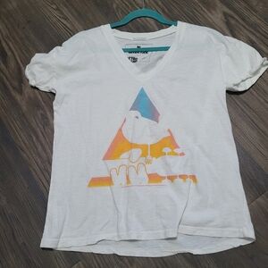 white V-neck graphic T-shirt with a colorful Woodstock graphic Womens